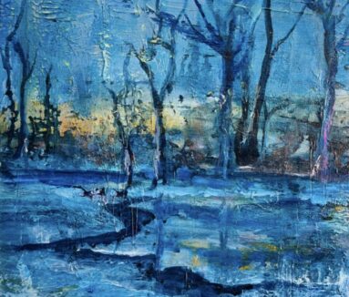 winter trees with stream winding through, blue acrylics