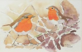 watercolour of two robins on a branch