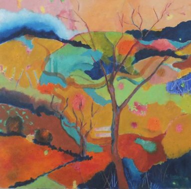 abstract acrylic painting of bare trees silhouetted against brightly coloured hills and fields