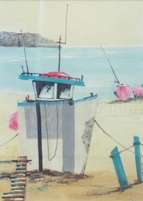 watercolour of boat moored in harbour tied to two blue posts