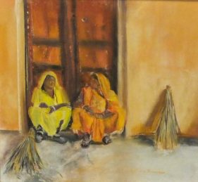 pastel painting of two Indian women dressed in orange/yellow sat on doorstep
