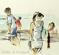 Watercolour painting of people on seafront with seagull