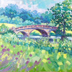 light and bright oil painting of bridge over river