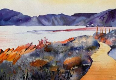 watercolour boardwalk along edge of lake, hills behind