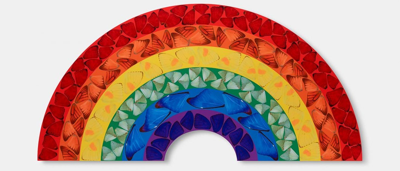 print of rainbow filled with butterfly shapes