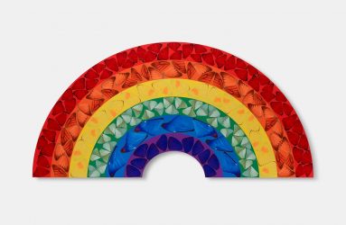 print of rainbow filled with butterfly shapes