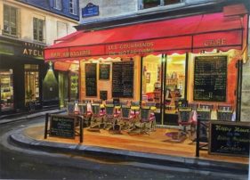 painting of french bistro with empty chairs and tables outside, red awning, on street corner