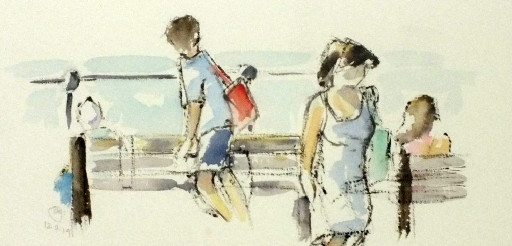 watercolour of people on seafront with seagulls