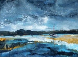 Painting of coastline, sailing boat moored, dark blue tones with dark yellow reflection on water