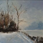 Painting of snow scene and winter trees