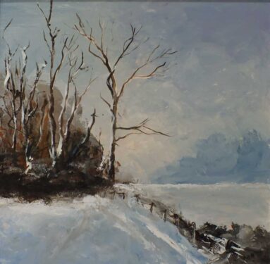 Painting of snow scene and winter trees