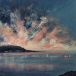 Painting of seascape with pink sky