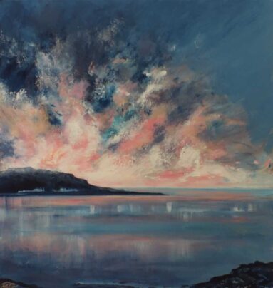 Painting of seascape with pink sky