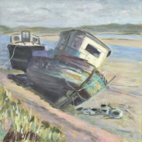 Painting of boat at low tide