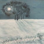 Painting of snow scene with moonlight through trees
