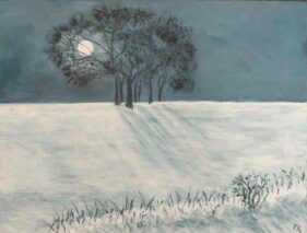 Painting of snow scene with moonlight through trees