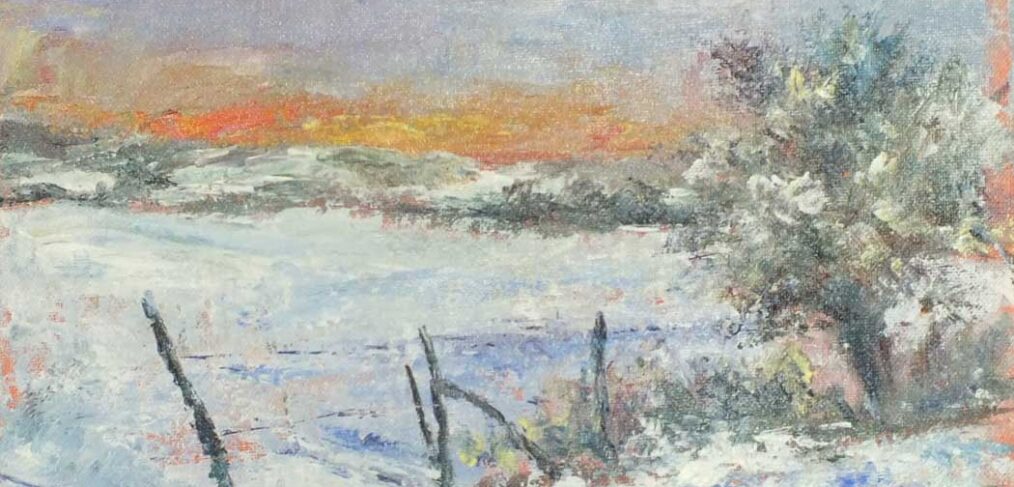 Painting on winter snow scene and orange sky