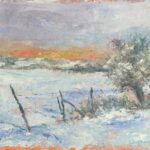 Painting on winter snow scene and orange sky