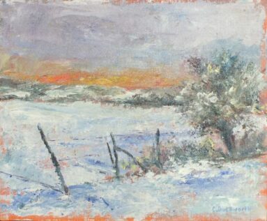 Painting on winter snow scene and orange sky
