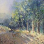 Painting of summer woodland with deer on path