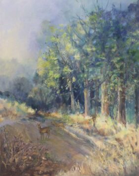 Painting of summer woodland with deer on path