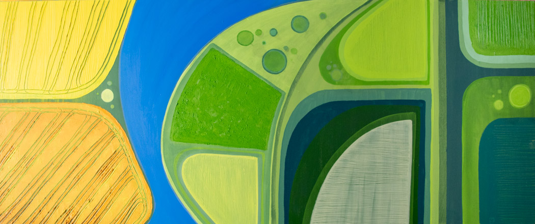 Abstract painting with yellows and greens, looks like an aerial view of fields