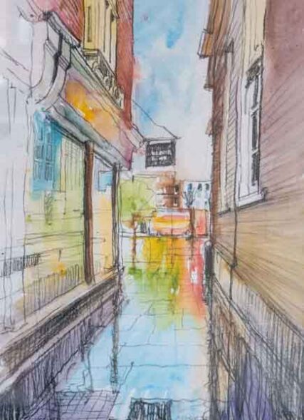 drawing of buildings either side of passageway, reflecting on wet pavement
