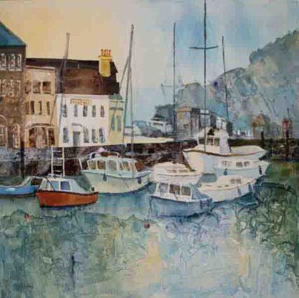 boats in harbour painting