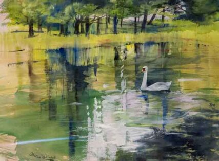 swan on river painting