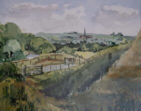 Watercolour painting of the view towards Salisbury with spire in the distance