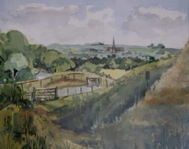 Watercolour painting of the view towards Salisbury with spire in the distance