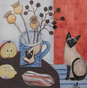 Watercolour painting of cat next to vase of flower seed heads