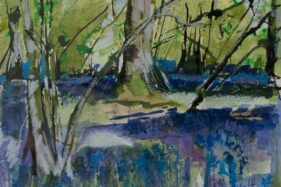 Painting in mixed media of bluebell wood