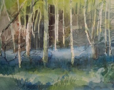 watercolour of winter woodland pale treetrunks silhouetted against blues and greens