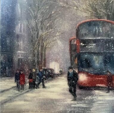 snowy street scene passengers leaving red double decker bus painting