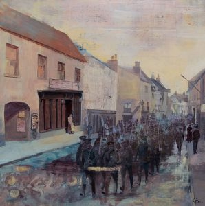 mixed media collage WW1 soldiers marching through Salisbury streets
