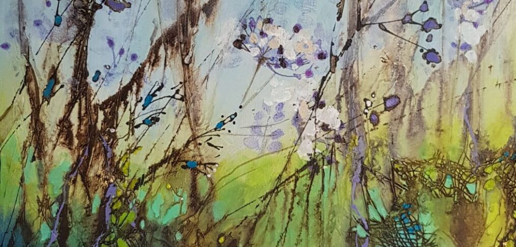 semi abstract painting of flowers in blues and green