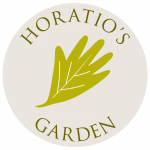 Horatio's garden logo with leaf motif in centre