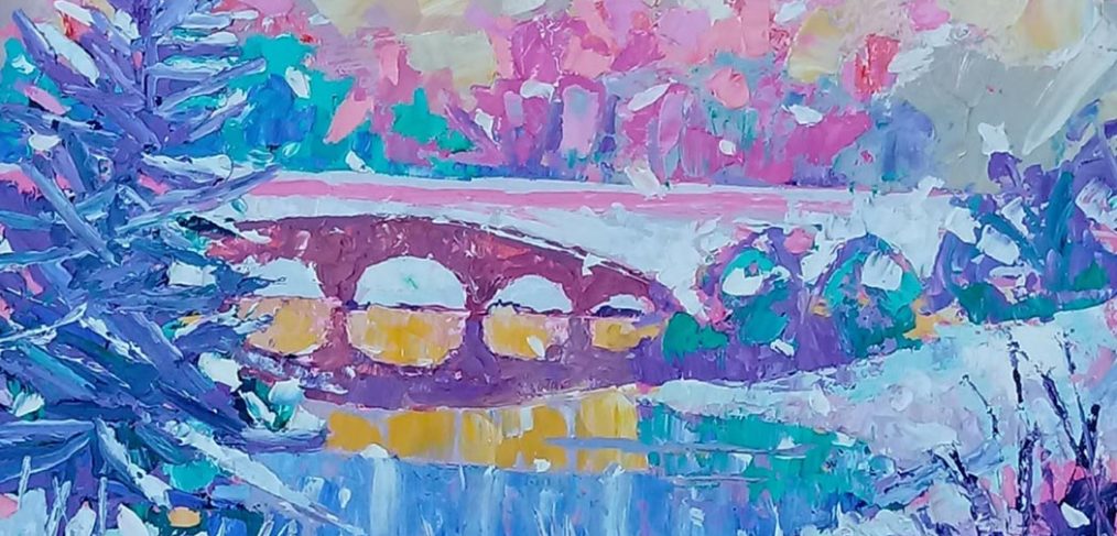 Bridge over lake at Stourhead, pinks and blue toned acrylics, large strokes