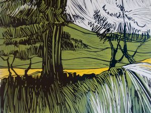 Lino cut trees in field, green and white with yellow accented field