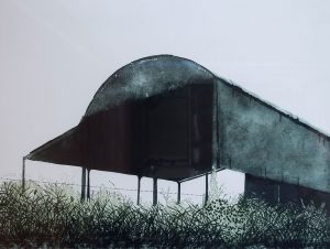 Etching of metal barn with wild flowers and grasses in foreground