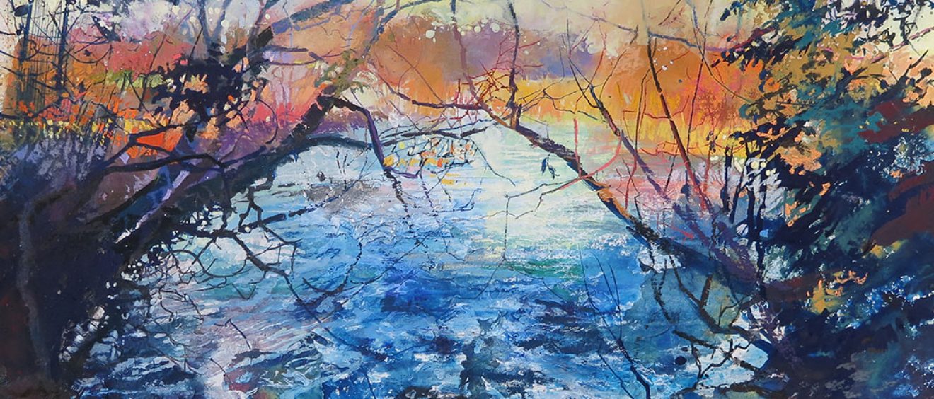 watercolour of bubbling river viewed between two branches