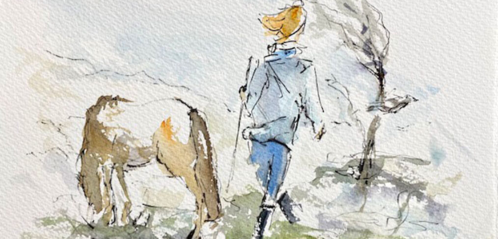 loose watercolour of woman walking past a pony, bare tree in the breeze behind