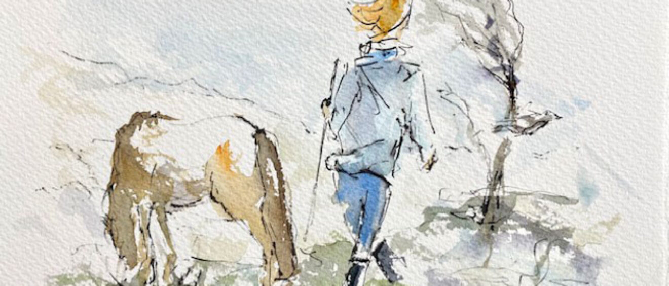 loose watercolour of woman walking past a pony, bare tree in the breeze behind