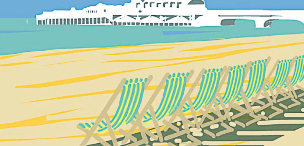 graphic image of white pier in background and green stripey deckchairs in foreground