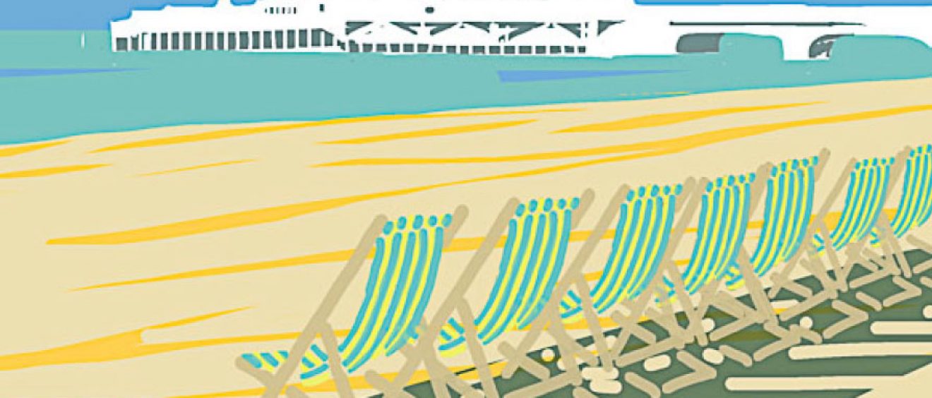 graphic image of white pier in background and green stripey deckchairs in foreground