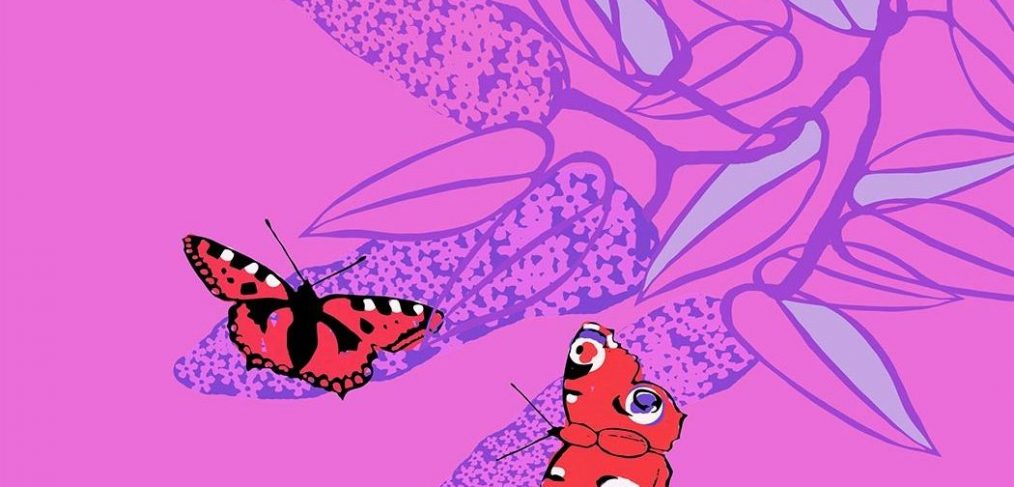 digital drawing of butterlies on buddleia on bright pink background