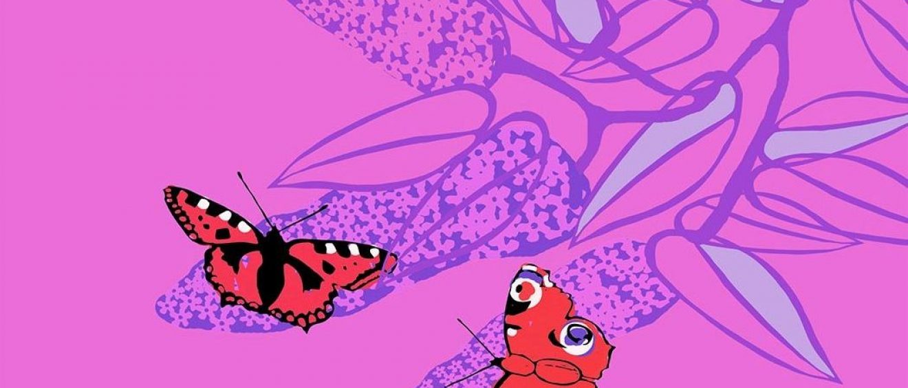 digital drawing of butterlies on buddleia on bright pink background