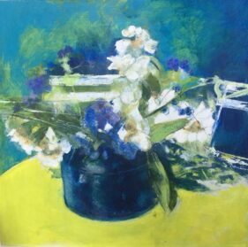 Pastel painting in blue and yellow of a vase of white flowers