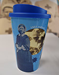 blue lidded reusuable plastic cup with historical images of nursing and Florence Nightingale from hospital archive